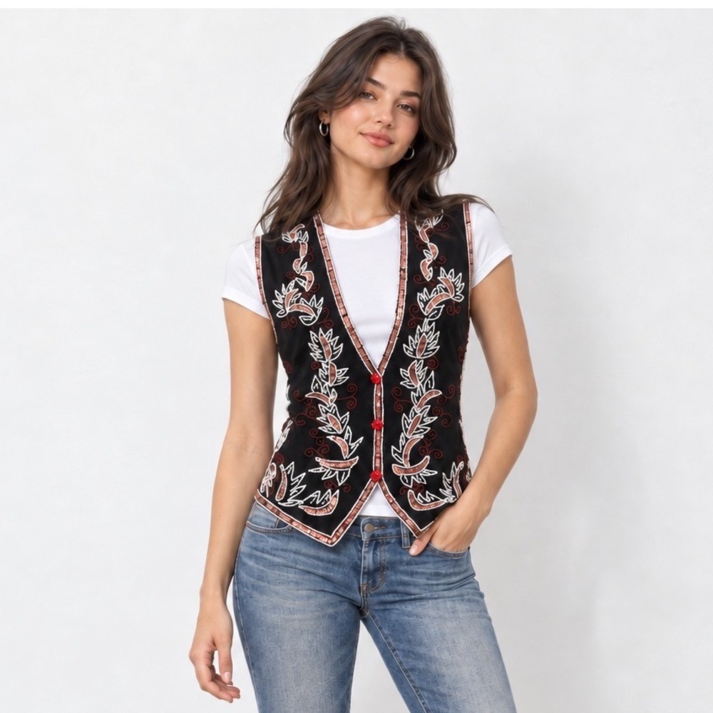 Beaded Sequin Vest L/XL Vintage Black Sequin Leaf Print Beautiful vest Fall